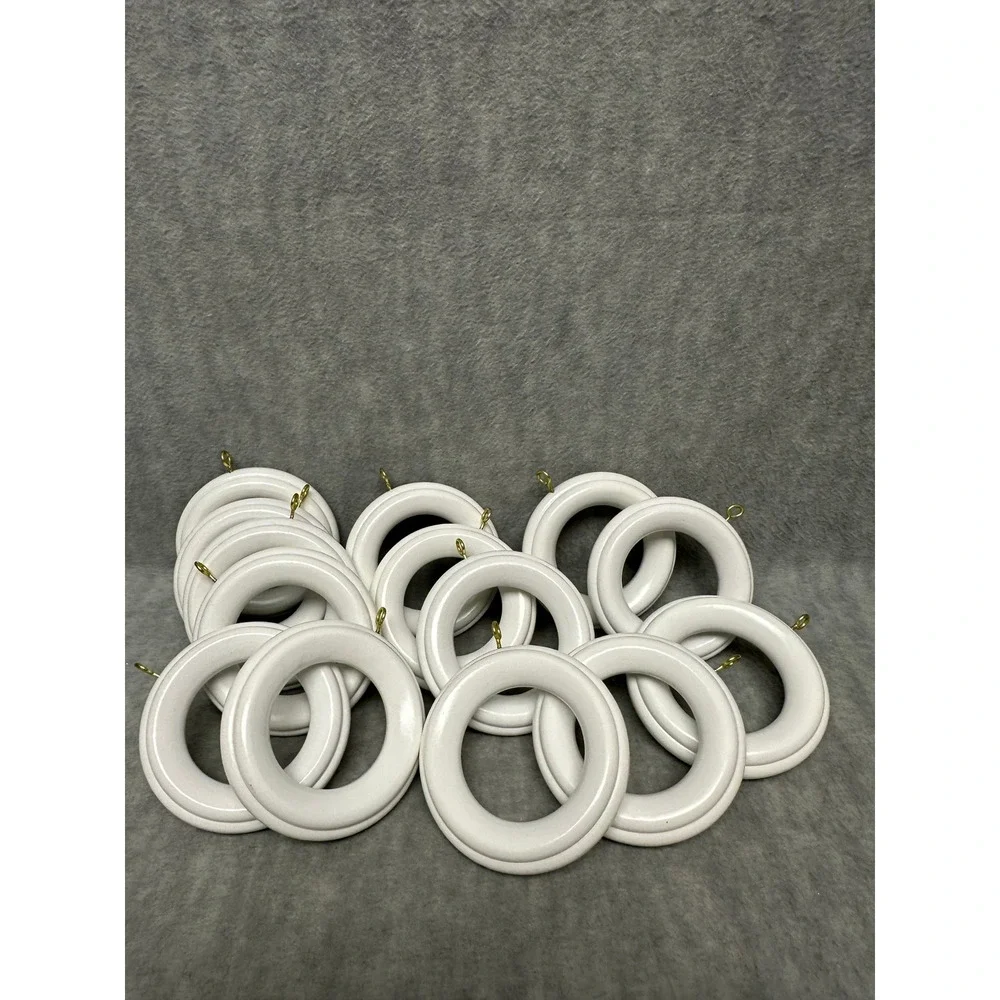 Large Curtain Rings White Wood Set of 14 Round with Brass Eyelets for 2